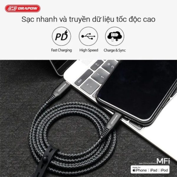 Dây cáp sạc nhanh iPhone Drapow CF23 chuẩn MFi màu đen DRAPOW CF23