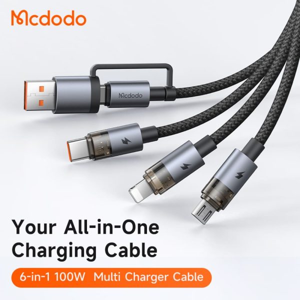 Cáp Sạc Nhanh Mcdodo USB / Type-C to M+L+C 6-in-1 100W Transparent Cable with Charging Light Cáp Sạc Nhanh Mcdodo USB / Type-C to M+L+C 6-in-1 100W Transparent Cable with Charging Light