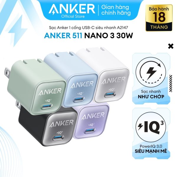 Củ sạc nhanh 30W Anker 511 Nano 3 - A2147, hàng fullbox(TRẮNG + XANH NGỌC)