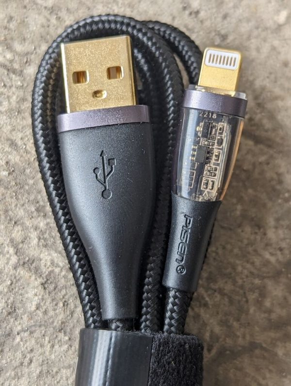 Dây sạc Pisen A to Lightning cho iphone bọc dù, đầu mạ vàng trong suốt, lộ mạch cao cấp