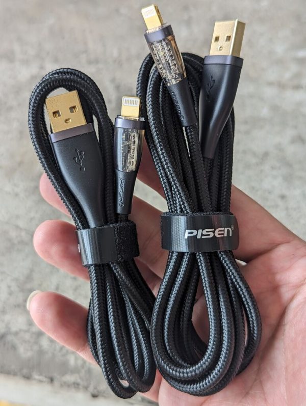 Dây sạc Pisen A to Lightning cho iphone bọc dù, đầu mạ vàng trong suốt, lộ mạch cao cấp