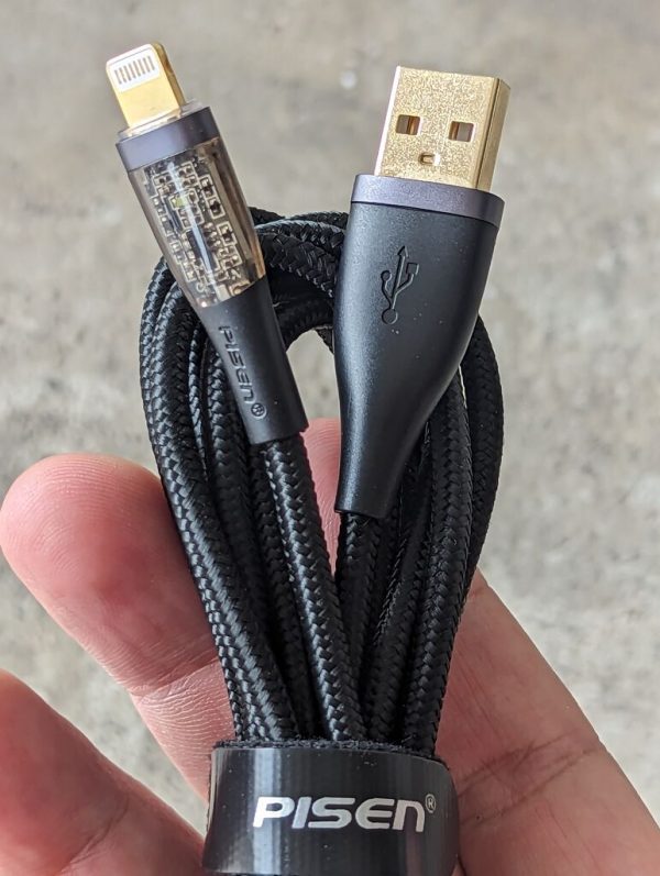 Dây sạc Pisen A to Lightning cho iphone bọc dù, đầu mạ vàng trong suốt, lộ mạch cao cấp