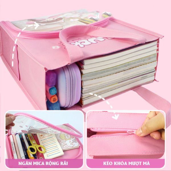 Túi học thêm, túi học phụ đạo BH Kids nhiều ngăn, Mica trong suốt cho bé tiểu học,cặp sách vải Oxfor