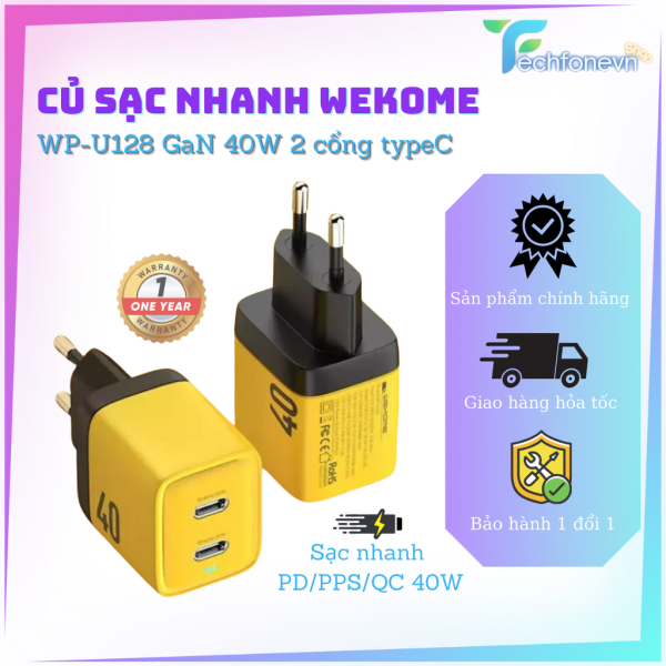 Củ sạc WEKOME WP - U128 40W công nghệ GaN, 2 cổng cắm TypeC
