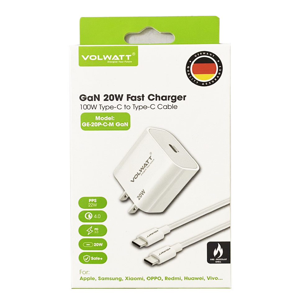 Bộ củ cáp sạc Volwatt (Đức) GE-20P GaN Plus 20W Fast Charger Type C to C Cable