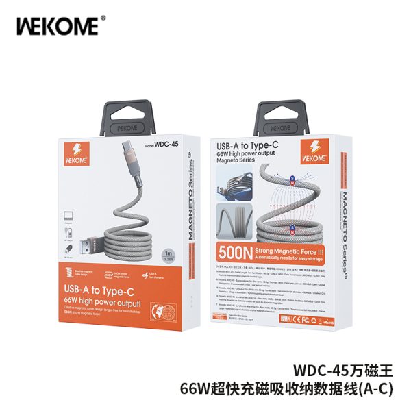 Cáp Sạc WEKOME WDC-45 USB-A to Type-C 66W – Dây Dù Nam Châm Tự Cuộn, Bền Bỉ & Tốc Độ Cao