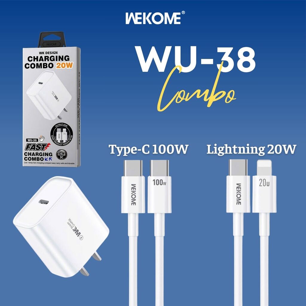Bộ Sạc Nhanh WEKOME WU-38 PD20W + Cáp Sạc 20W ( C-L )/ 100W ( C-C ) - ( Xuất VAT + 8% )