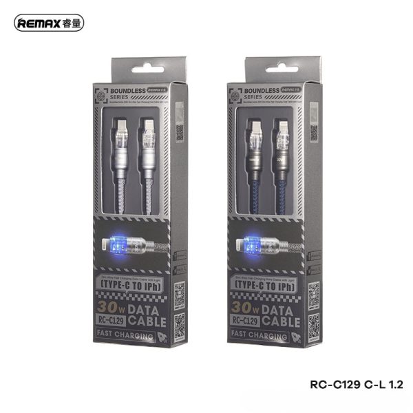 Cáp sạc nhanh bọc dù REMAX RC-C129 C-L 1.2M 30W (Type C To Lightning) có đèn báo