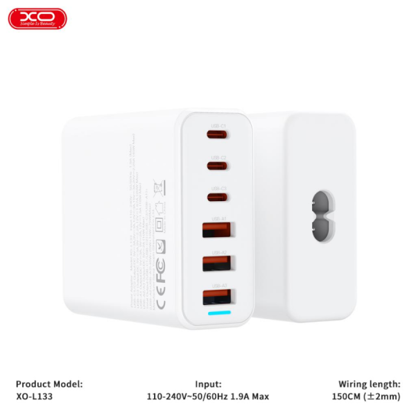 Củ Sạc Nhanh GaN XO‑L133 – 75W, 6 Cổng, Chuẩn US