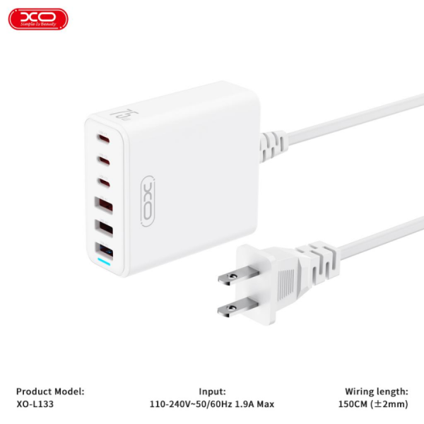 Củ Sạc Nhanh GaN XO‑L133 – 75W, 6 Cổng, Chuẩn US