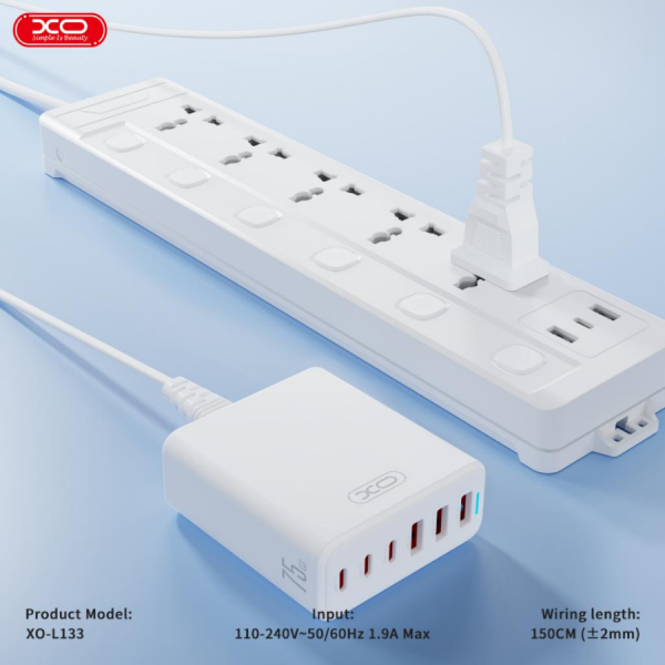 Củ Sạc Nhanh GaN XO‑L133 – 75W, 6 Cổng, Chuẩn US