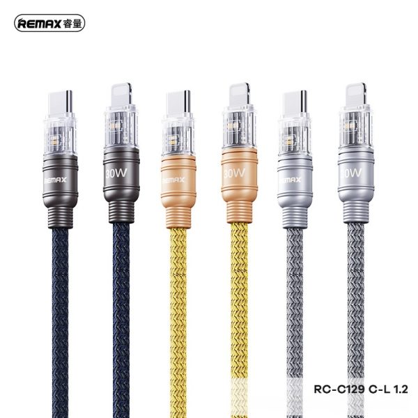 Cáp sạc nhanh bọc dù REMAX RC-C129 C-L 1.2M 30W (Type C To Lightning) có đèn báo