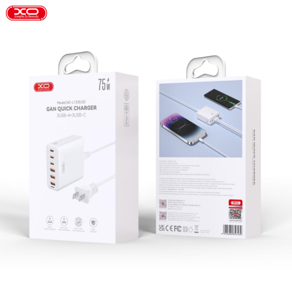 Củ Sạc Nhanh GaN XO‑L133 – 75W, 6 Cổng, Chuẩn US