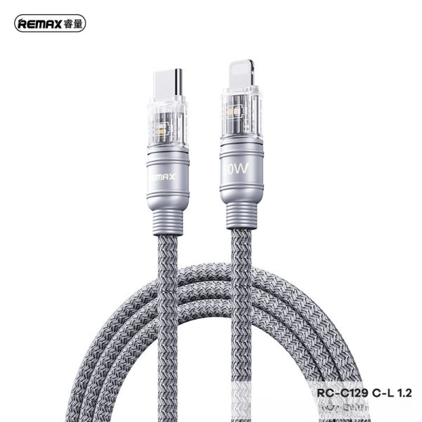 Cáp sạc nhanh bọc dù REMAX RC-C129 C-L 1.2M 30W (Type C To Lightning) có đèn báo