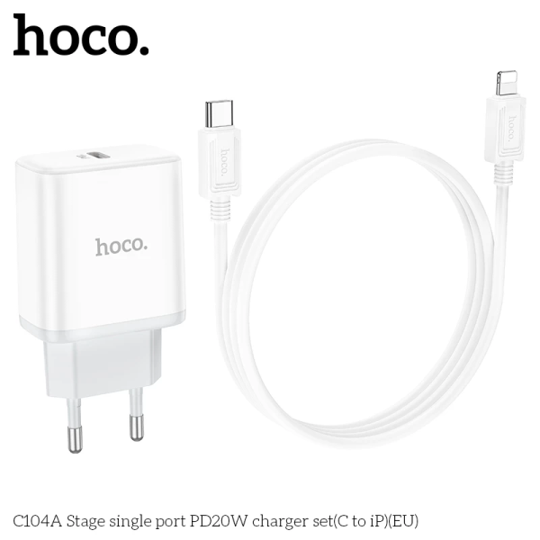 BỘ SẠC NHANH 20W HOCO C104A (C-L) PD KÈM CÁP TYPE C RA IPHONE LIGHTNING CHO IPHONE 11 12 13 PRO MAX BỘ SẠC NHANH 20W HOCO C104A (C-L) PD KÈM CÁP TYPE C RA IPHONE LIGHTNING CHO IPHONE 11 12 13 PRO MAX
