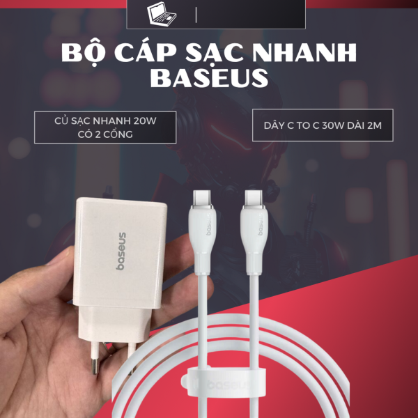 Combo củ cáp sạc Baseus 20w kèm dây C to C 30w dài 2 mét