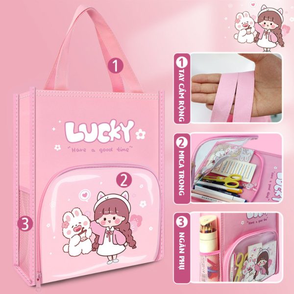 Túi học thêm, túi học phụ đạo BH Kids nhiều ngăn, Mica trong suốt cho bé tiểu học,cặp sách vải Oxfor