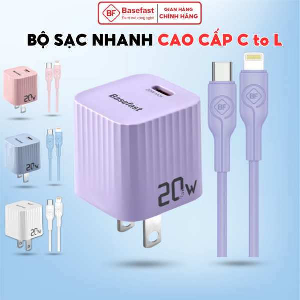 Bộ sạc nhanh 20W Basefast Củ sạc PD20W kèm dây sạc silicon siêu bền cho xs max 11 12 13 14promax