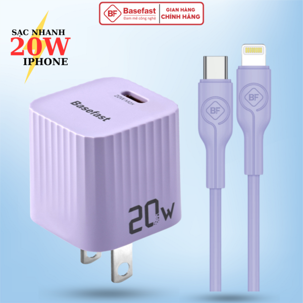 Bộ sạc nhanh 20W Basefast Củ sạc PD20W kèm dây sạc silicon siêu bền cho xs max 11 12 13 14promax