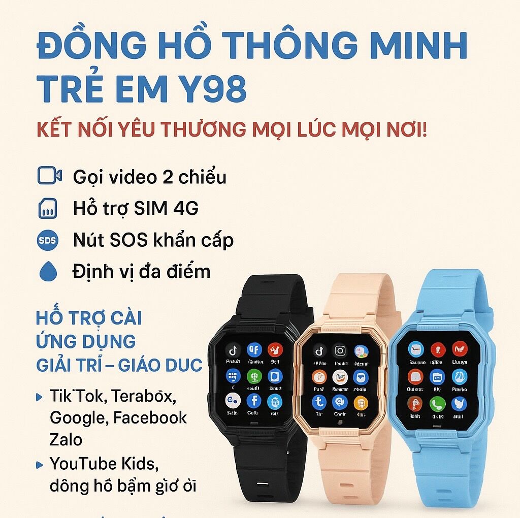 Đồng Hồ Thông Minh Trẻ Em Y98 - Có TikTok, YouTube Kids, Facebook, Zalo