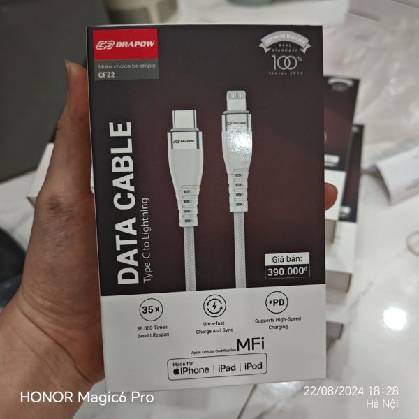 Dây cáp sạc nhanh 2M iPhone C to L chuẩn MFI hãng DRAPOW CF22