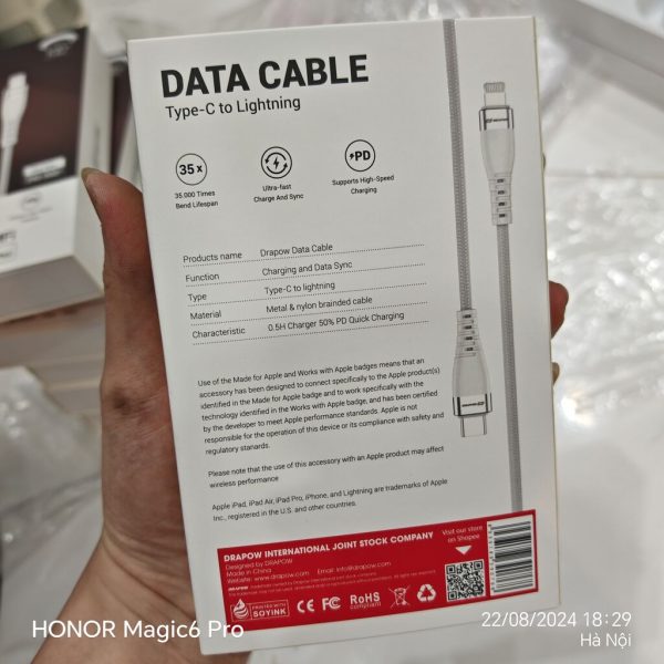 Dây cáp sạc nhanh 2M iPhone C to L chuẩn MFI hãng DRAPOW CF22 Dây cáp sạc nhanh 2M iPhone C to L chuẩn MFI hãng DRAPOW CF22