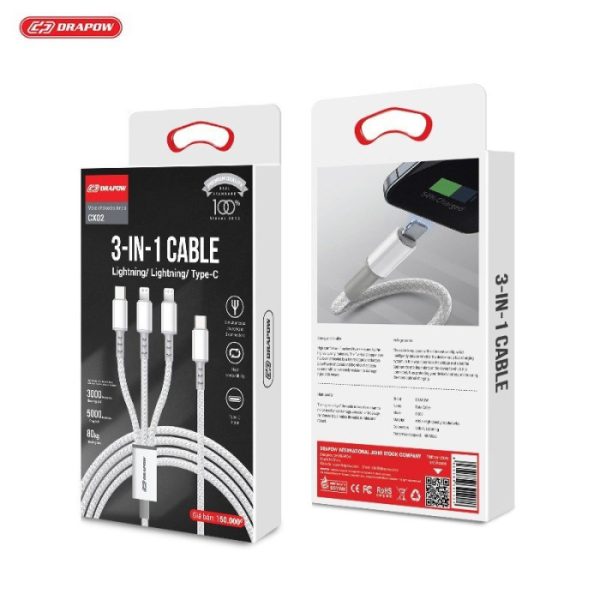 Cáp sạc nhanh cổng C 3 đầu DRAPOW CX02 ( Type-C to L+ L + C ) công suất 12w không sạc được IPhone 15