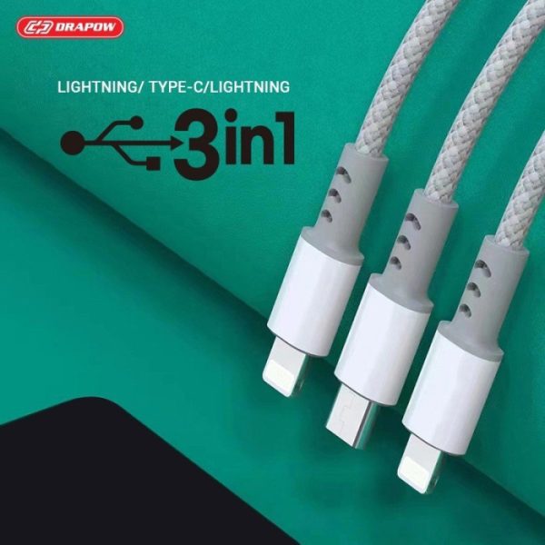 Cáp sạc nhanh cổng C 3 đầu DRAPOW CX02 ( Type-C to L+ L + C ) công suất 12w không sạc được IPhone 15