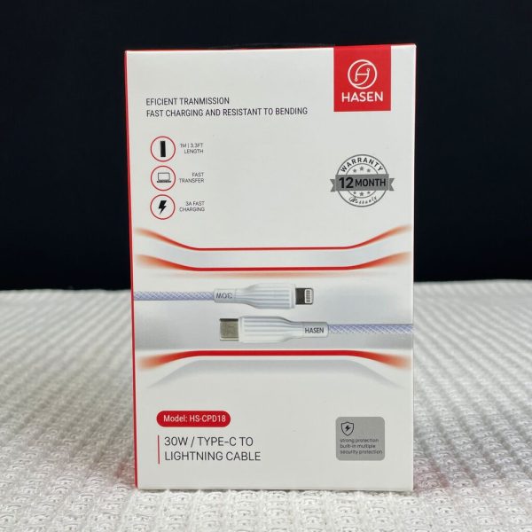 Cáp sạc nhanh HASEN HS-CPD18 (Type C-L 30w) dây dù trắng, 1m Cáp sạc nhanh HASEN HS-CPD18 (Type C-L 30w) dây dù trắng, 1m