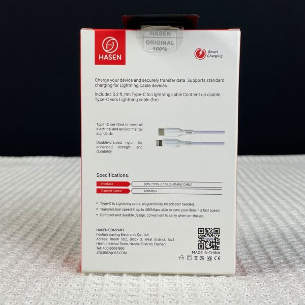 Cáp sạc nhanh HASEN HS-CPD18 (Type C-L 30w) dây dù trắng, 1m Cáp sạc nhanh HASEN HS-CPD18 (Type C-L 30w) dây dù trắng, 1m