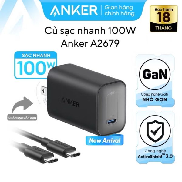 Củ sạc nhanh Nano 100W ANKER A2679 - 2 chân dẹt gập - màu trắng  (ko hộp, ko kèm cáp)