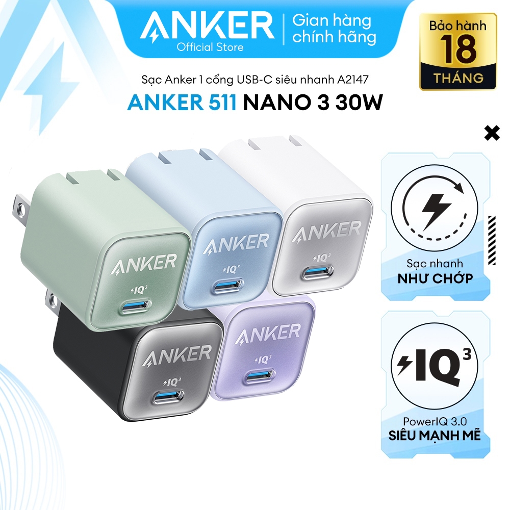 Củ sạc nhanh 30W Anker 511 Nano 3 - A2147, hàng mới tinh fullbox ( màu ngẫu nhiên)