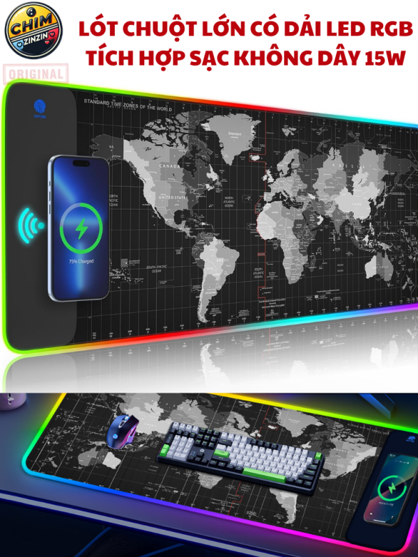 TẤM LÓT CHUỘT CỠ LỚN 80X30CM LED RGB CAO CẤP TÍCH HỢP SẠC KHÔNG DÂY 15W (Giao hình ngẫu nhiên)
