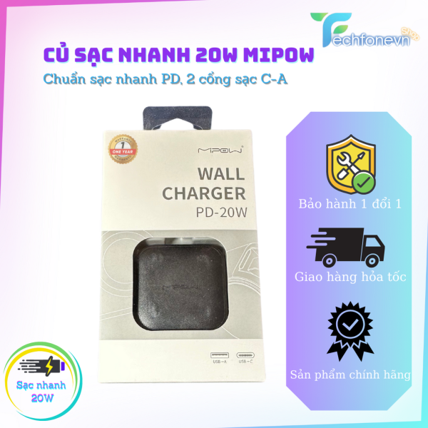 Củ sạc Mipow 20W PD nhỏ gọn, 2 cổng C + A