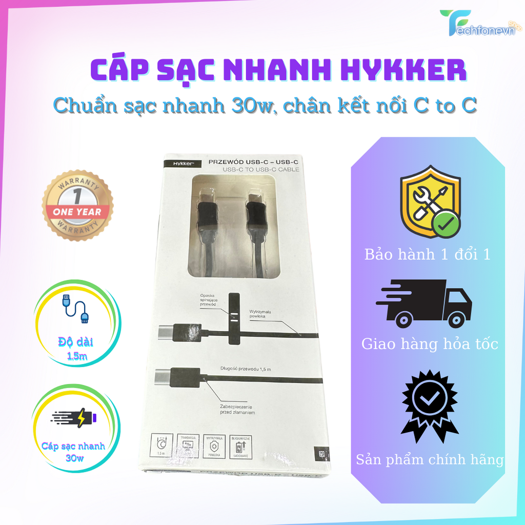 Cáp sạc nhanh HYKKER 30W C to C hỗ trợ mọi thiết bị