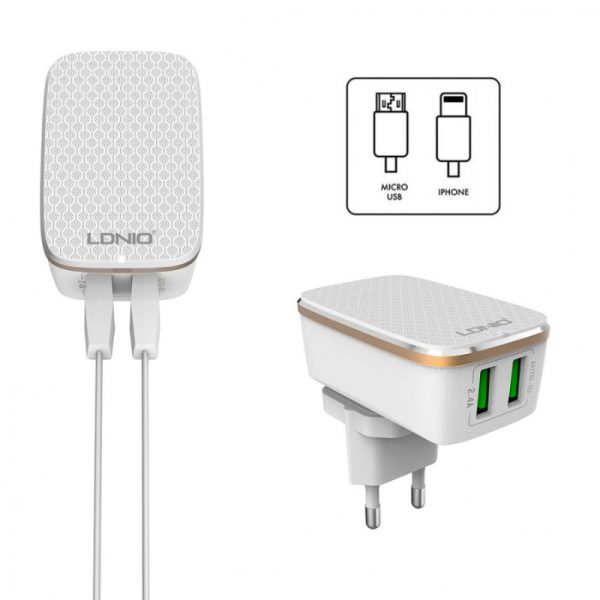 Bộ sạc du lịch LDNIO A2204, 2 cổng USB, cổng sạc nhanh Auto-ID, kèm cáp sạc type-C, chuẩn quốc tế