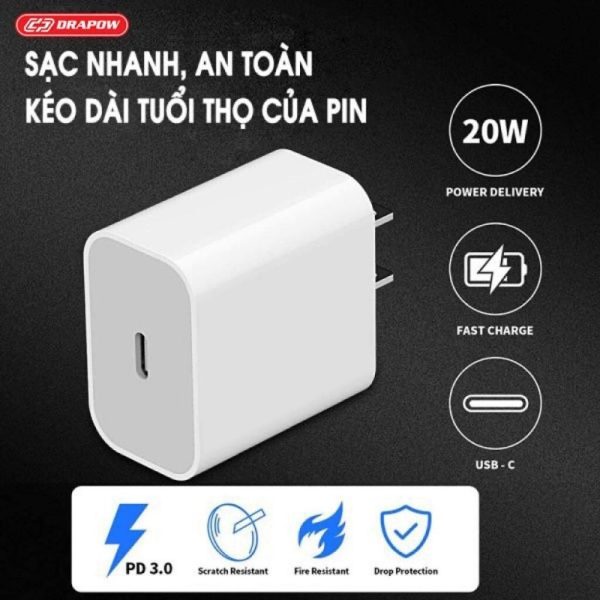 Bộ Sạc Nhanh iPhone 20W Chính Hãng Drapow PD Mã GA25, cáp bọc dù 12ic bền đẹp BH 12 Tháng