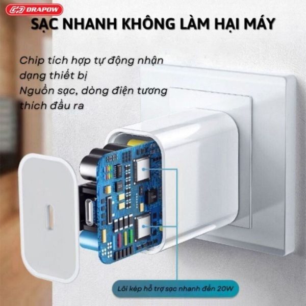 Bộ Sạc Nhanh iPhone 20W Chính Hãng Drapow PD Mã GA25, cáp bọc dù 12ic bền đẹp BH 12 Tháng