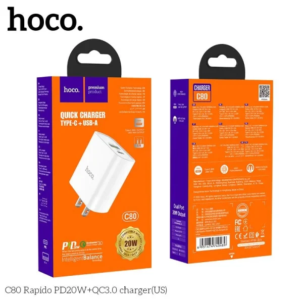 Củ Sạc Hoco C80 2 cổng ra Type C + USB A