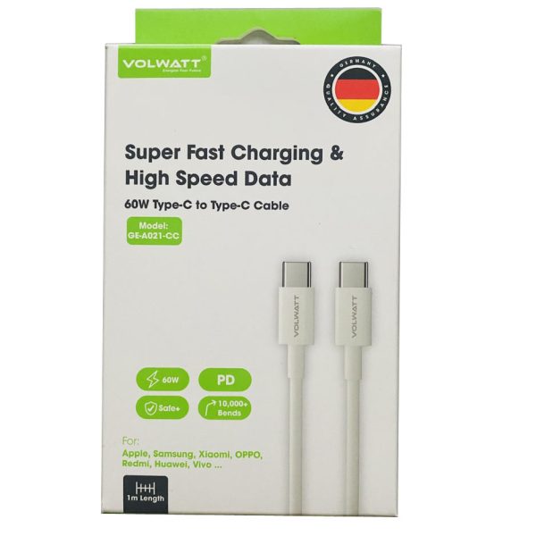 Cáp sạc nhanh & truyền dữ liệu tốc độ cao Volwatt(Đức) GE-A021-CC 60W Type C to C