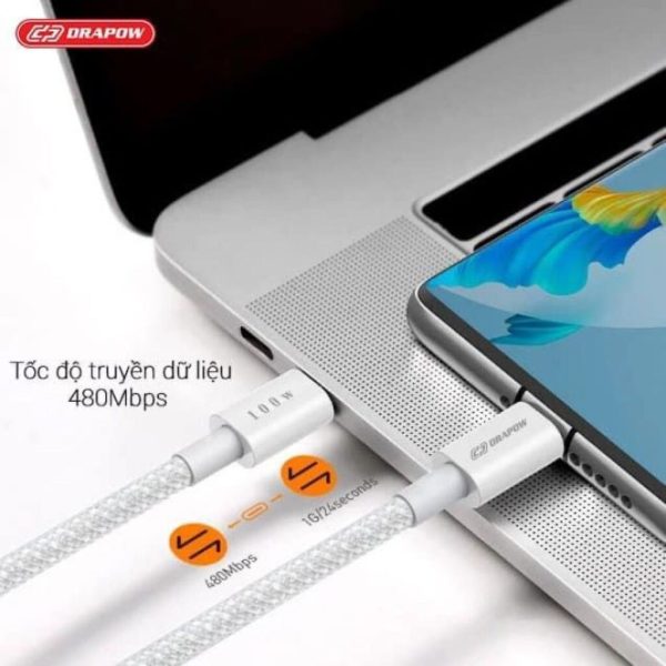 Cáp dây dù Drapow CZ11 sạc nhanh C to C 100w dài 2 mét - sạc được Laptop / iPhone 15 / Android