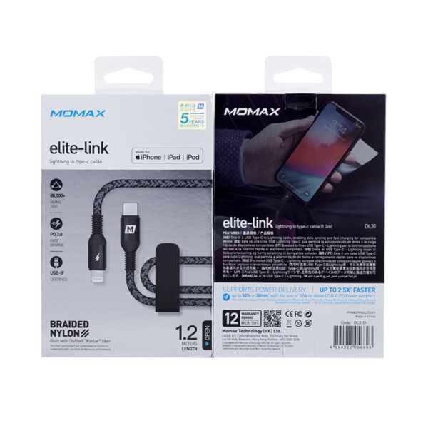 Cáp sạc nhanh 20W cho iPhone và iPad Momax Elite Link USB C to Lightning Cáp bện nylon 1,2m MFI DL31 Cáp sạc nhanh 20W cho iPhone và iPad Momax Elite Link USB C to Lightning Cáp bện nylon 1,2m MFI DL31