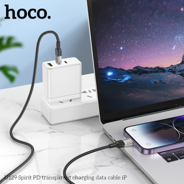 Cáp sạc nhanh 27w Hoco U129 chân Type C sang Linhning, dây truyền dữ liệu trong suốt, dài 1.2m