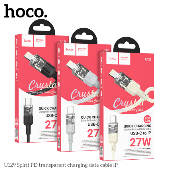 Cáp sạc nhanh 27w Hoco U129 chân Type C sang Linhning, dây truyền dữ liệu trong suốt, dài 1.2m