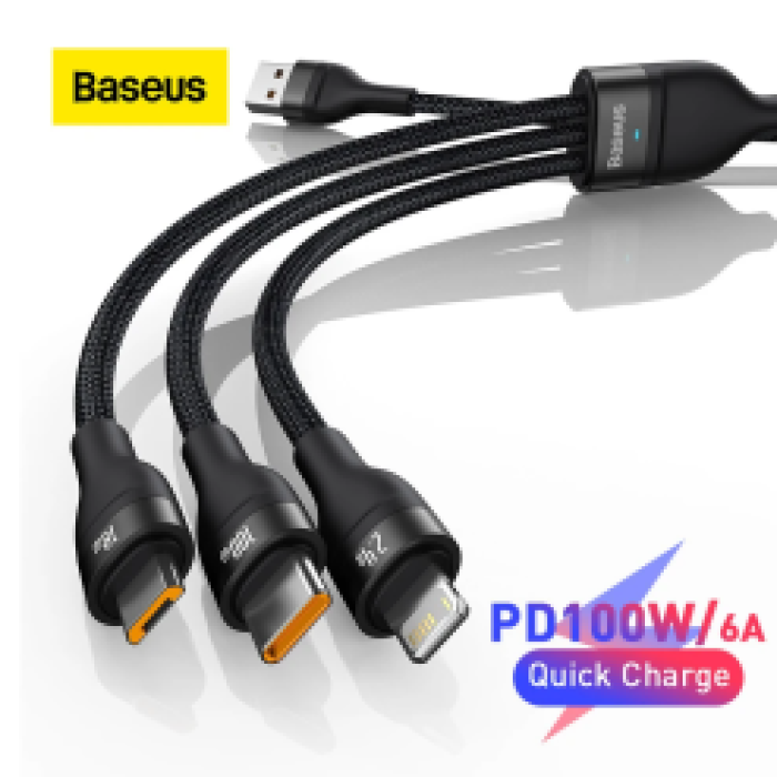 Cáp sạc nhanh 3 đầu Baseus Flash Series 3 in1 Plus (USB to Micro+IP + Type C, 100W Quick Cha