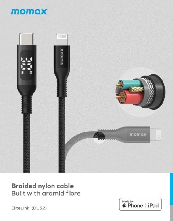 Cáp sạc nhanh bện nylon Momax Elitelink USB-C to Lightning PD 30W (1.2m) MFI DL52 Cáp sạc nhanh bện nylon Momax Elitelink USB-C to Lightning PD 30W (1.2m) MFI DL52