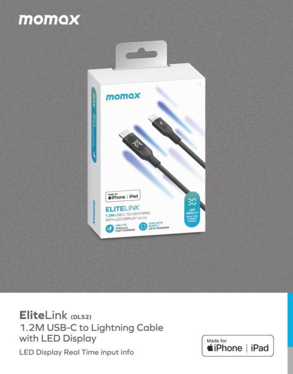 Cáp sạc nhanh bện nylon Momax Elitelink USB-C to Lightning PD 30W (1.2m) MFI DL52 Cáp sạc nhanh bện nylon Momax Elitelink USB-C to Lightning PD 30W (1.2m) MFI DL52