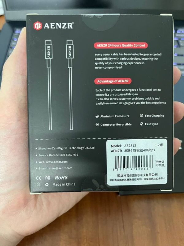Cáp USB4 AENZR Sạc 240W, Truyền dữ liệu 40Gbps, Xuất Hình 8K60Hz , Độ dài 0.8M