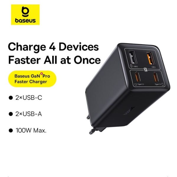 Cốc Sạc Nhanh OS-Baseus GaN6 Pro Fast Charger 2C+2U 100W (Chân tròn, Kèm cáp C to C 100W, 1m)