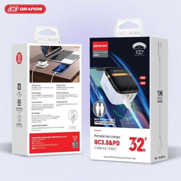 Bộ củ cáp sạc nhanh 3 cổng sạc- 32W CS32 DRAPOW tặng kèm cáp iPhone C to L